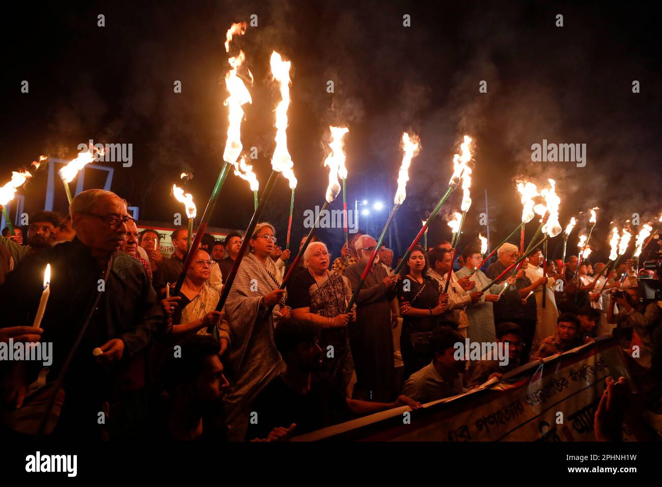 Dhaka, Bangladesh - March 25, 2023: Anti-war crimes campaigners hold a