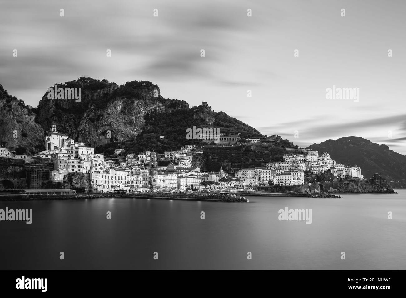 view of amalfi, amalfi coast, amalfi cathedral, sea, tranquility of the amalfi coast and symbols of mediterranean culture, naples, salerno, positano. Stock Photo