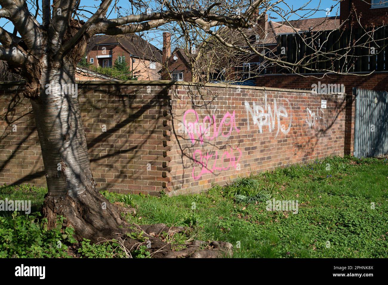 Iver Heath, Buckinghamshire, UK. 27th March, 2023. Graffiti on a wall in Iver Heath, Buckinghamshire. In a bid to crack down further on anti social behaviour, the Government have announced new measures to punish graffiti artists and those causing anti social behaviour. Credit: Maureen McLean/Alamy Stock Photo