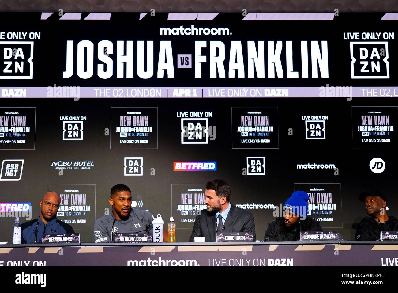 Derrick James, Anthony Joshua, boxing promoter Eddie Hearn, Jermaine Franklin and Jesse Addison during a press conference at Nobu Hotel London Portman Square, London. Picture date: Wednesday March 29, 2023. Stock Photo