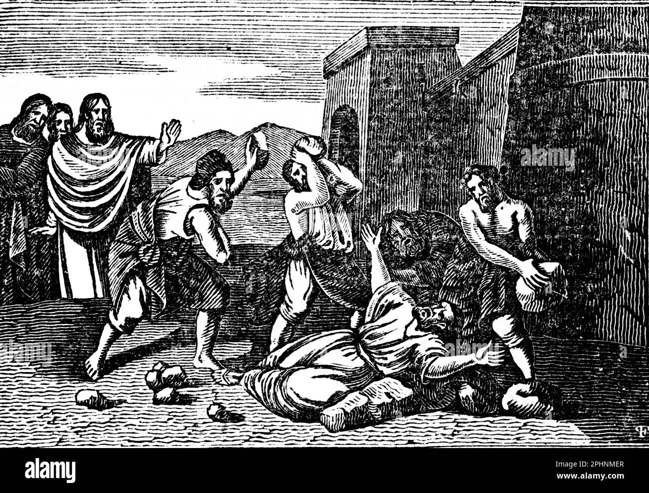 Saint Stephen, the first martyr,  is stoned to death, Acts 7:51–53,  the Apostles, New Testament, bible 1831, historical illustration Stock Photo