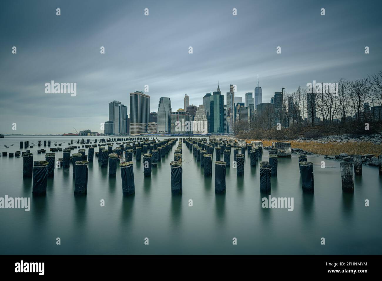 Granite Posts, granite project in front of Manhattan Skyline, New York