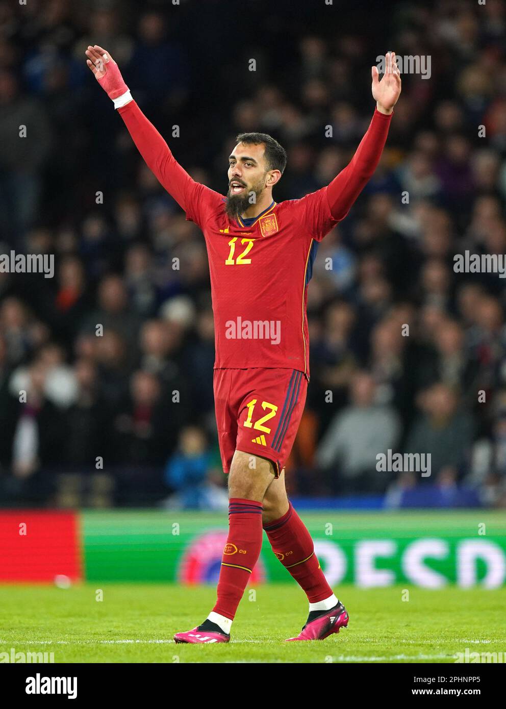 Spain’s Borja Iglesias appeals to an official during the UEFA Euro 2024