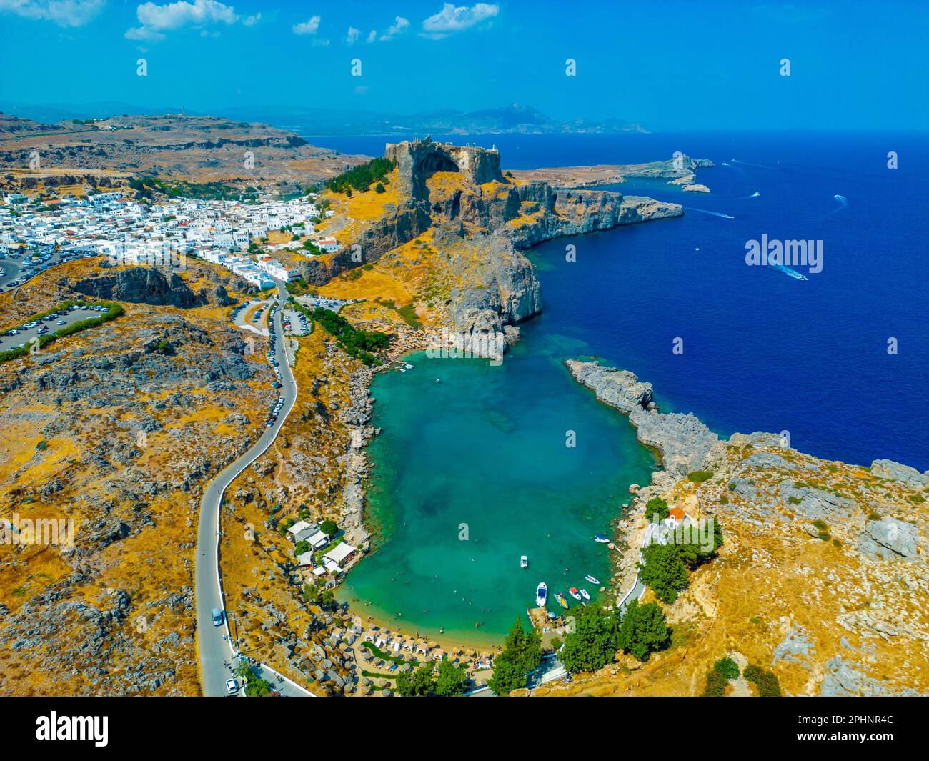 Saint Paul's beach and Acropolis at Greek town Lindos at Rhodes island