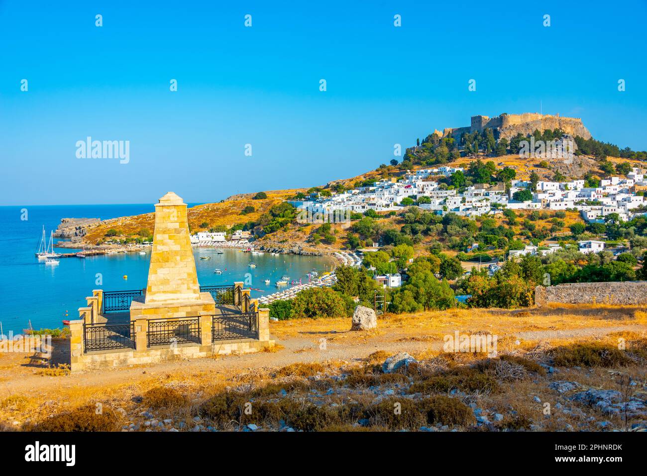 Rodos Monuments Monument of Ioannis Zigdis and Acropolis of Lindos in Rhodes, Greece ...