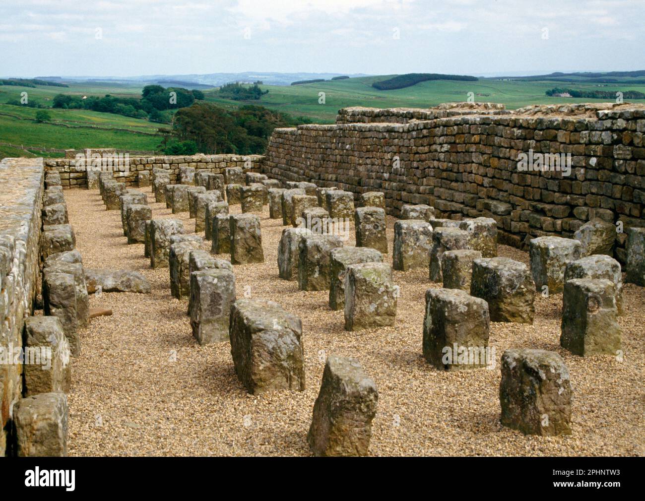 Housesteads Roman Fort, Hadrian's Wall. Interior of Northern Granary looking east, showing the stone pillars for supporting wooden floor joists Stock Photo