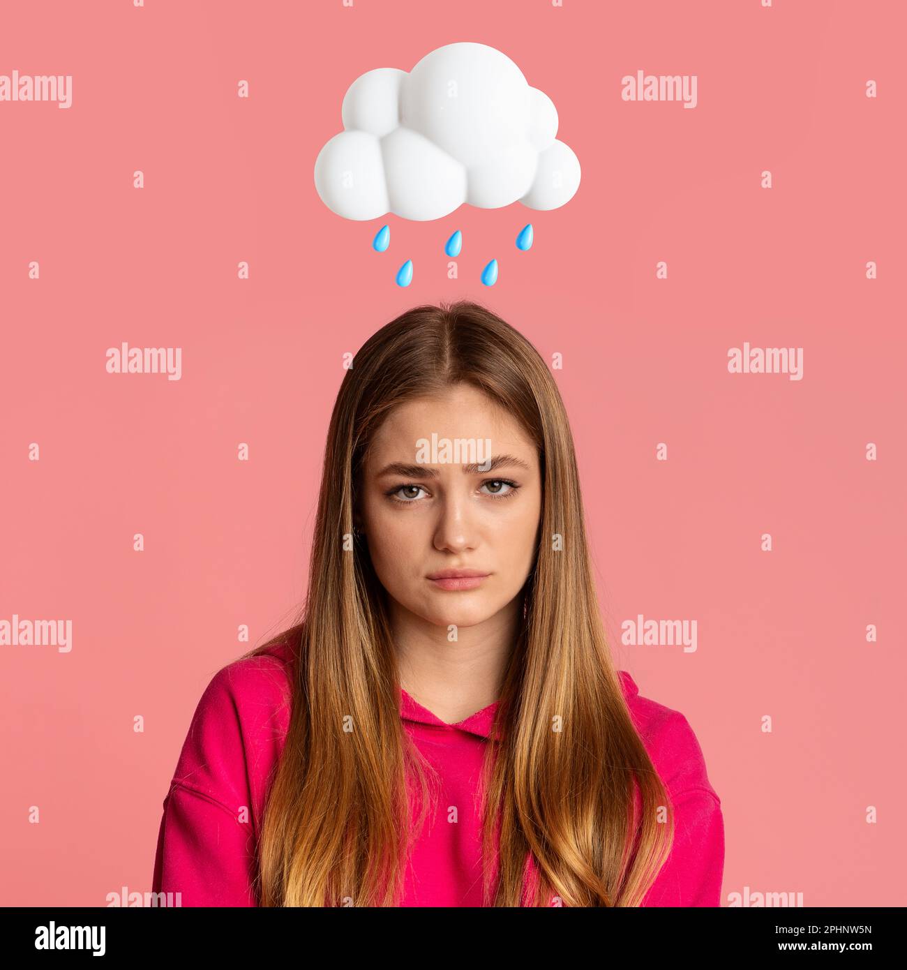 Unhappy sad teen caucasian lady with abstract cloud and rain sign above ...