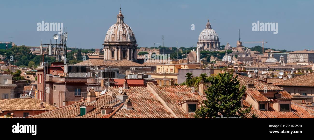 Banner sized aerial view of the historic center of Rome, Italy, from the roof of the Altare della Patria Stock Photo