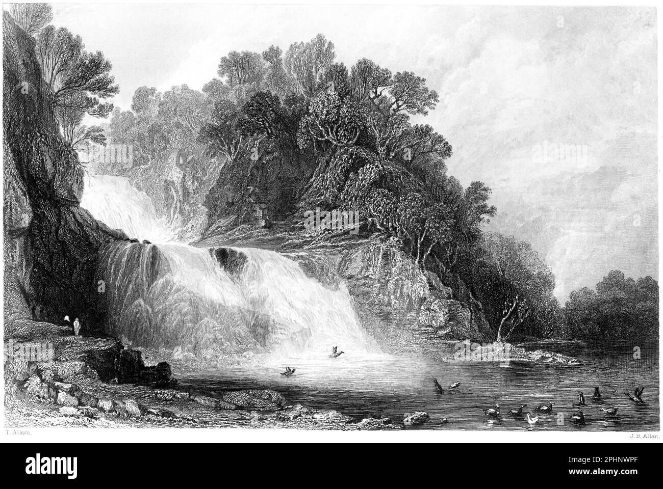An engraving of Corra Lynn (Corra Linn) on the Clyde, Lanarkshire, Scotland UK scanned at high resolution from a book printed in 1840. Stock Photo