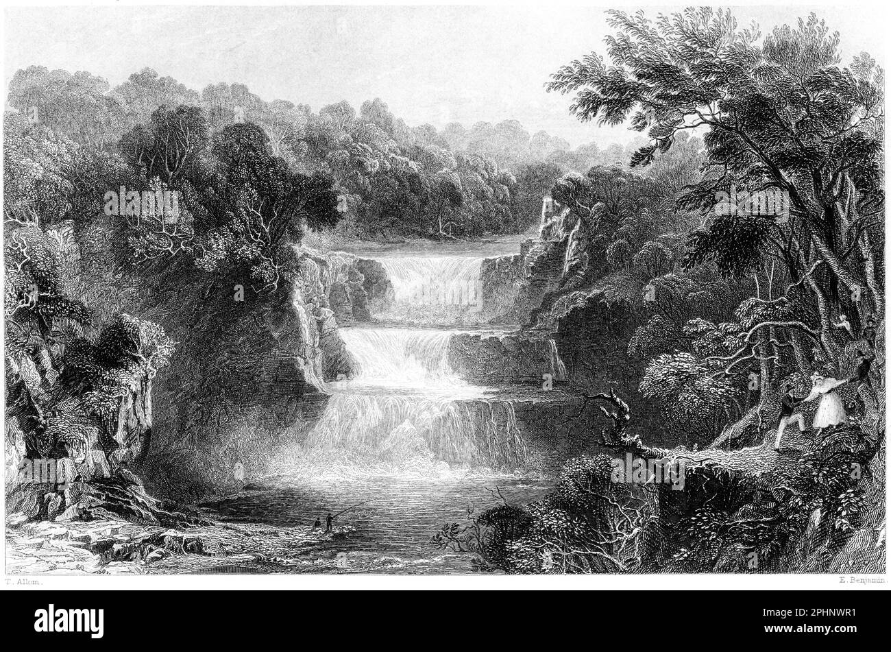 An engraving of Stonebyres Linn, Third Fall of the Clyde, Lanarkshire, Scotland UK scanned at high resolution from a book printed in 1840. Stock Photo