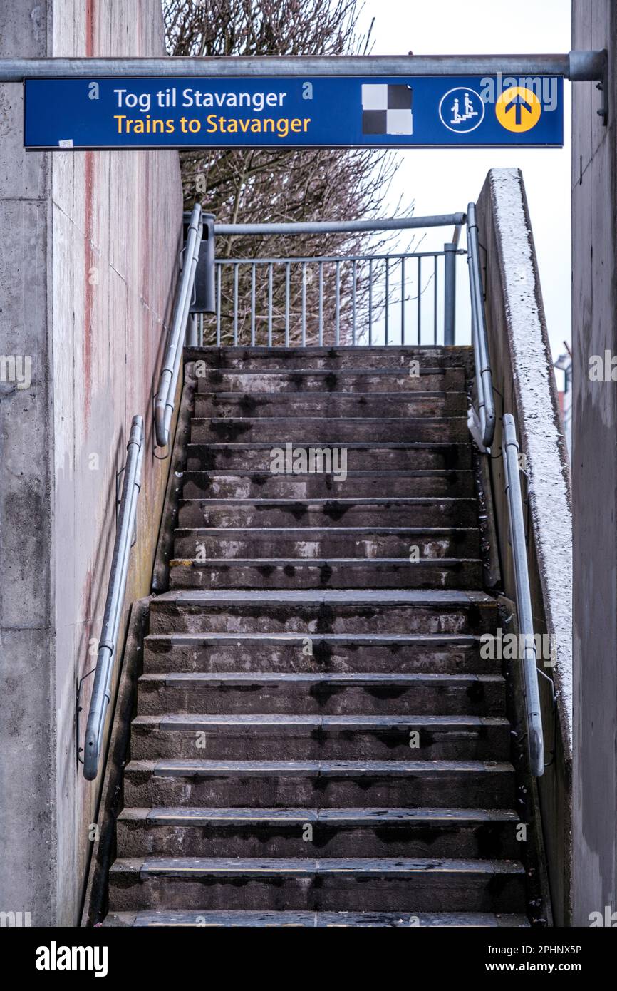 Sandnes, Norway, March 12 2023, Concrete Steps Leading To Downtown Sandnes Railway Station With Trains To Stavanger And No People Stock Photo