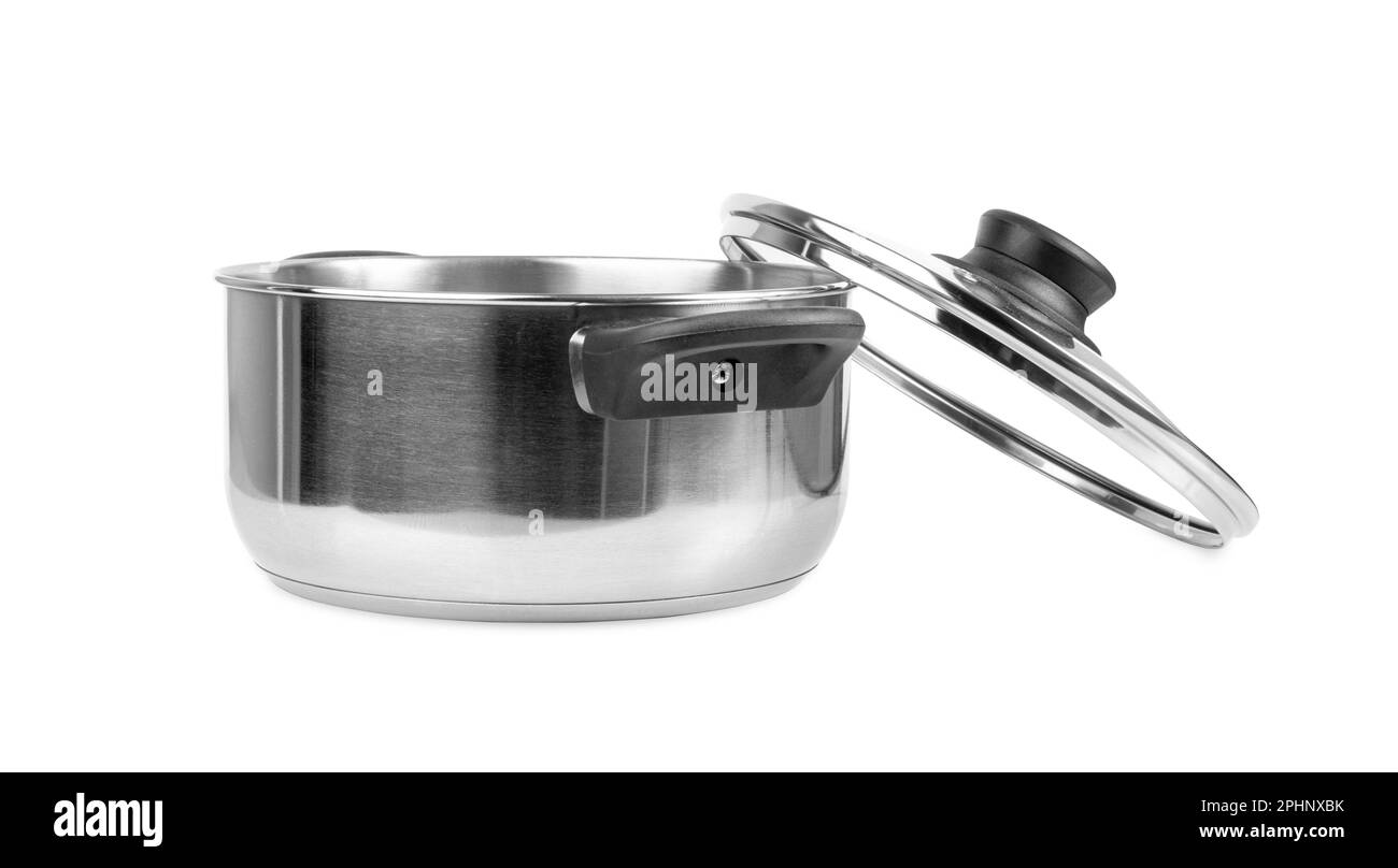 New cooking pot isolated. Metal saucepan with glass lid, soup kitchenware, shiny stainless cooking pot on white background, clipping path Stock Photo
