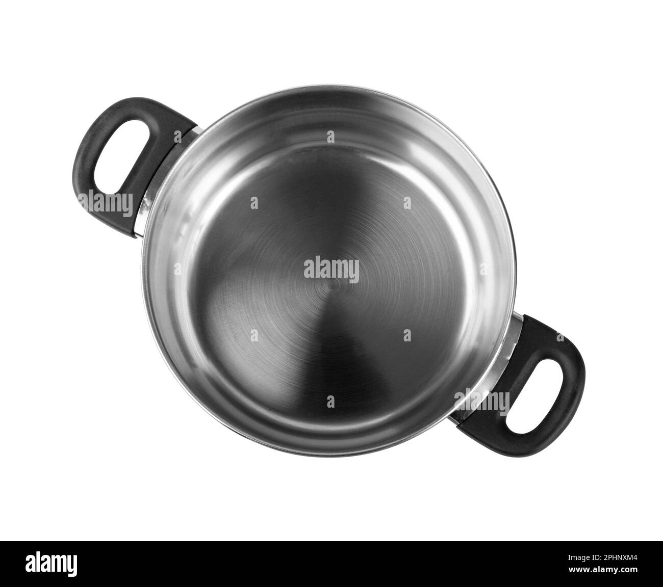 New open cooking pot isolated, Empty metal saucepan, soup kitchenware, shiny stainless cooking pot on white background, top view, clipping path Stock Photo