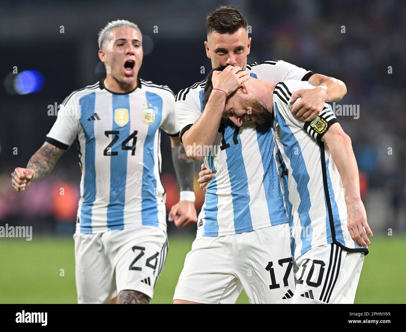 28th March 2023: Mario Kempes stadium, Córdoba, Argentina: International friendly football, Argentina versus Curacao: Lionel Messi of Argentina, celebrates scoring with Giovani Lo Celso Stock Photo