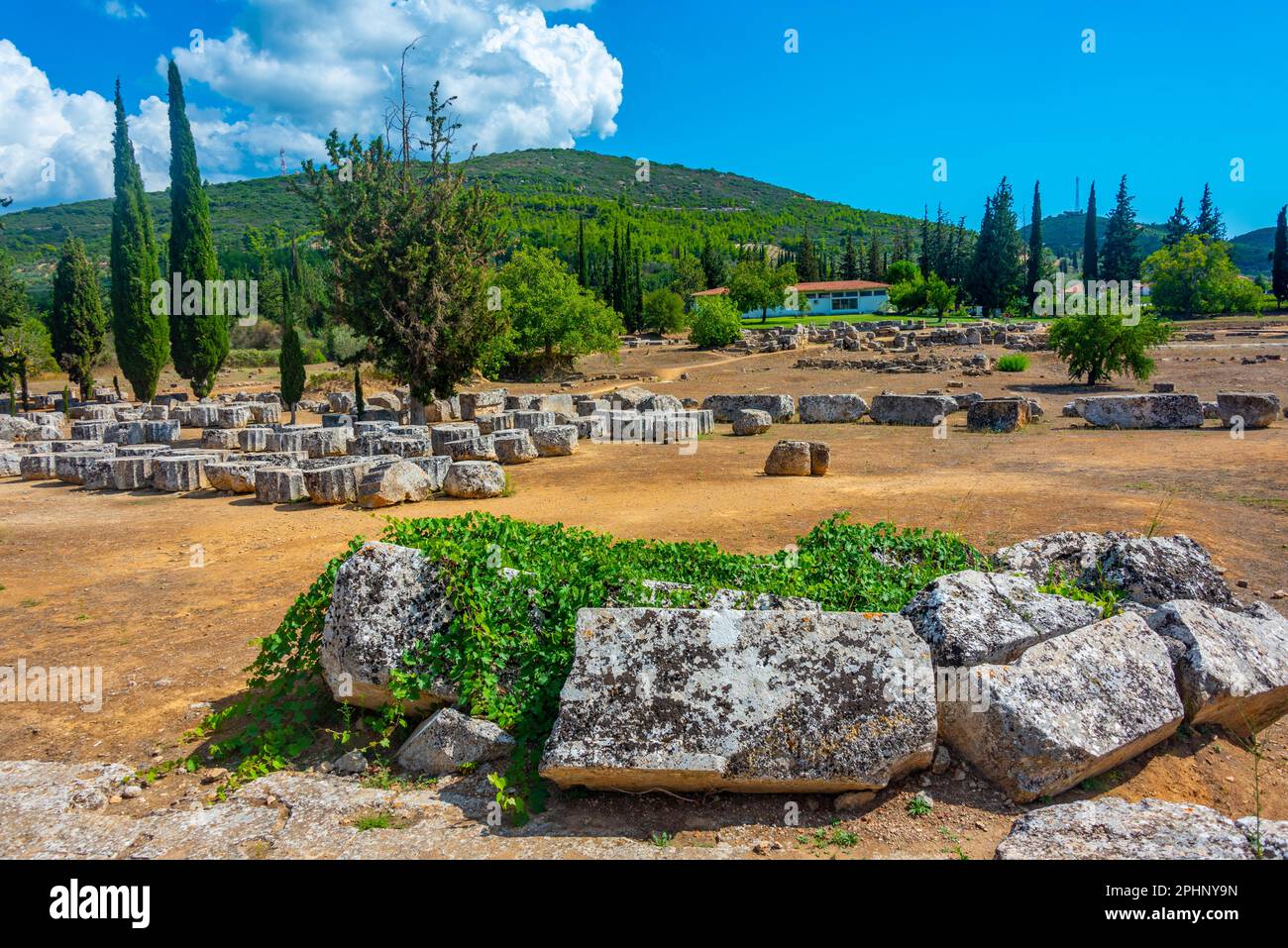 Ruins of temple of Zeus at ancient Nemea complex in Greece Stock Photo