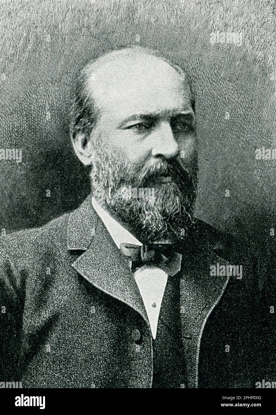 The 1896 caption reads: 'James A Garfield - after photograph by Bell - the last picture made before the assassination.' James Abram Garfield (1831-1881) was elected the 20th President of the United States in 1880. He was constantly harassed by people seeking jobs and was shot by one on July 2, 1881. He died on September 19. Stock Photo
