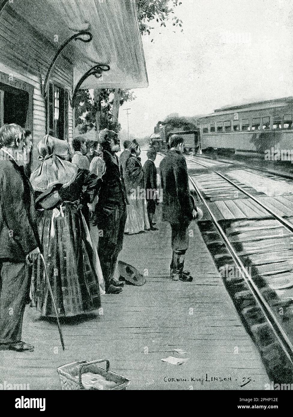 The 1896 caption reads: 'Scene at Station on Pennsylvania Railroad as Garfield ambulance Train passed on its way to Elberon. On September 6th, the President was removed to Elberon, NJ, in a specially designed car, the bed being arranged so as to minimize jolting, It was an extremely hot day and the train went very fast, the President sending a message to the engineer to increase the speed. At the stations and in the fields, knots of people congregate to watch the passage of the train, instinctively removing their hats as it came into sight.' James Abram Garfield (1831-1881) was elected the 20t Stock Photo
