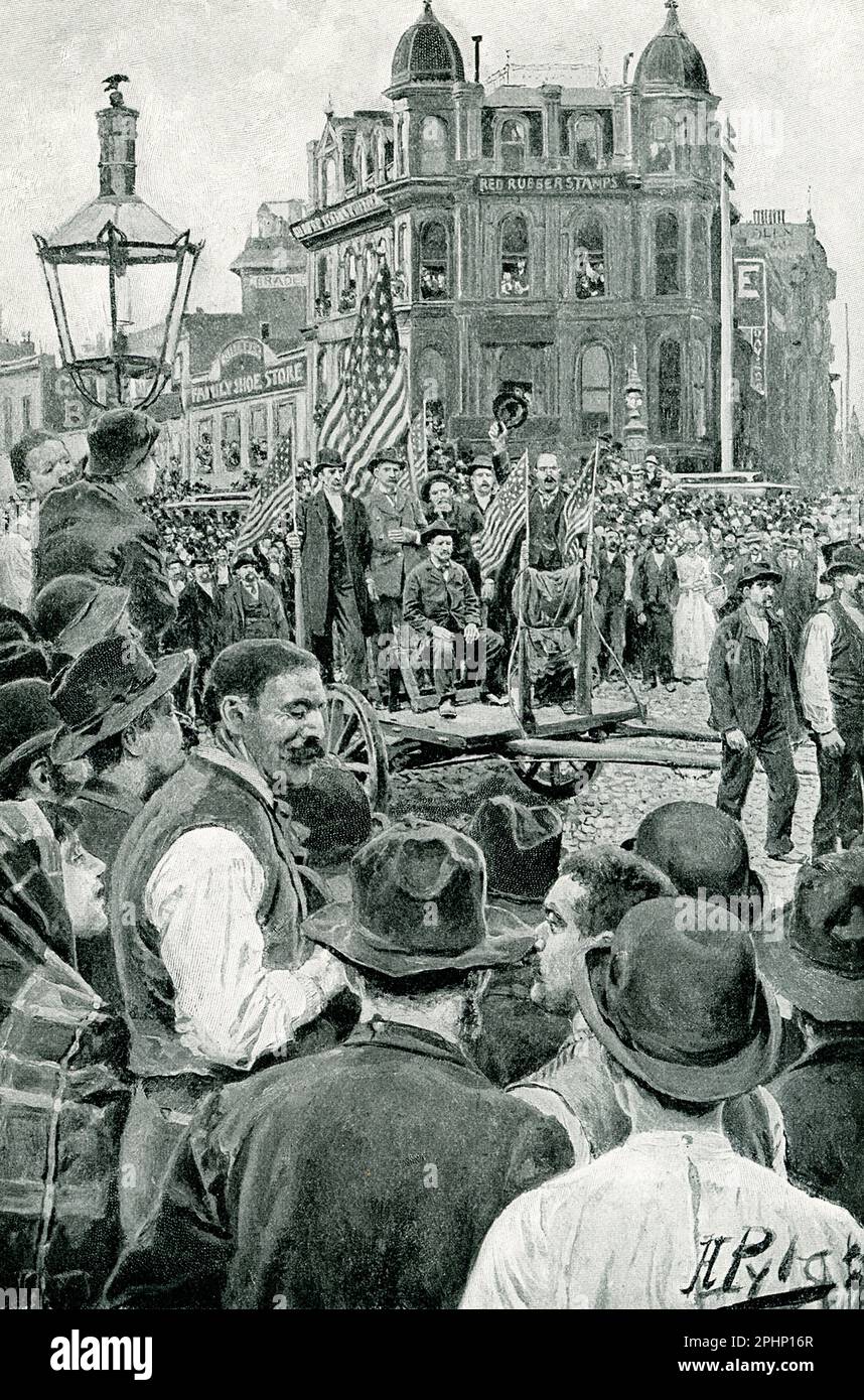 Denis Krearney being drawn through streets of San Francisco after his release from the house of Correction. The procession passing the Lotta Fountain in Market Street. Painted by Howard Pyle from photograph by Taber and a description by Kearney himself Stock Photo