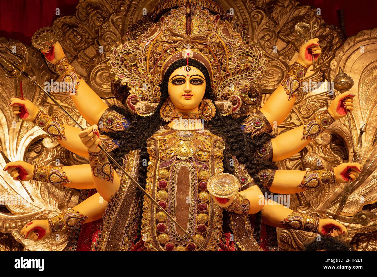 Goddess devi Durga idol decorated at a puja pandal in Kolkata, West