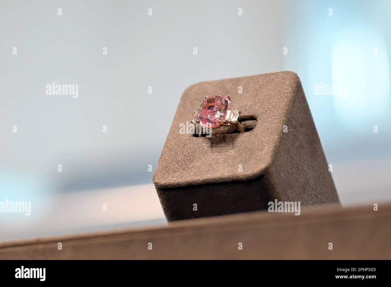 New York, USA. 28th Mar, 2023. On display at Sotheby's ‘The Eternal Pink' internally flawless pink diamond weighing 10.57 Carats, expected to bring over $35 million at auction this summer, New York, NY, March 28, 2023. (Photo by Anthony Behar/Sipa USA) Credit: Sipa USA/Alamy Live News Stock Photo