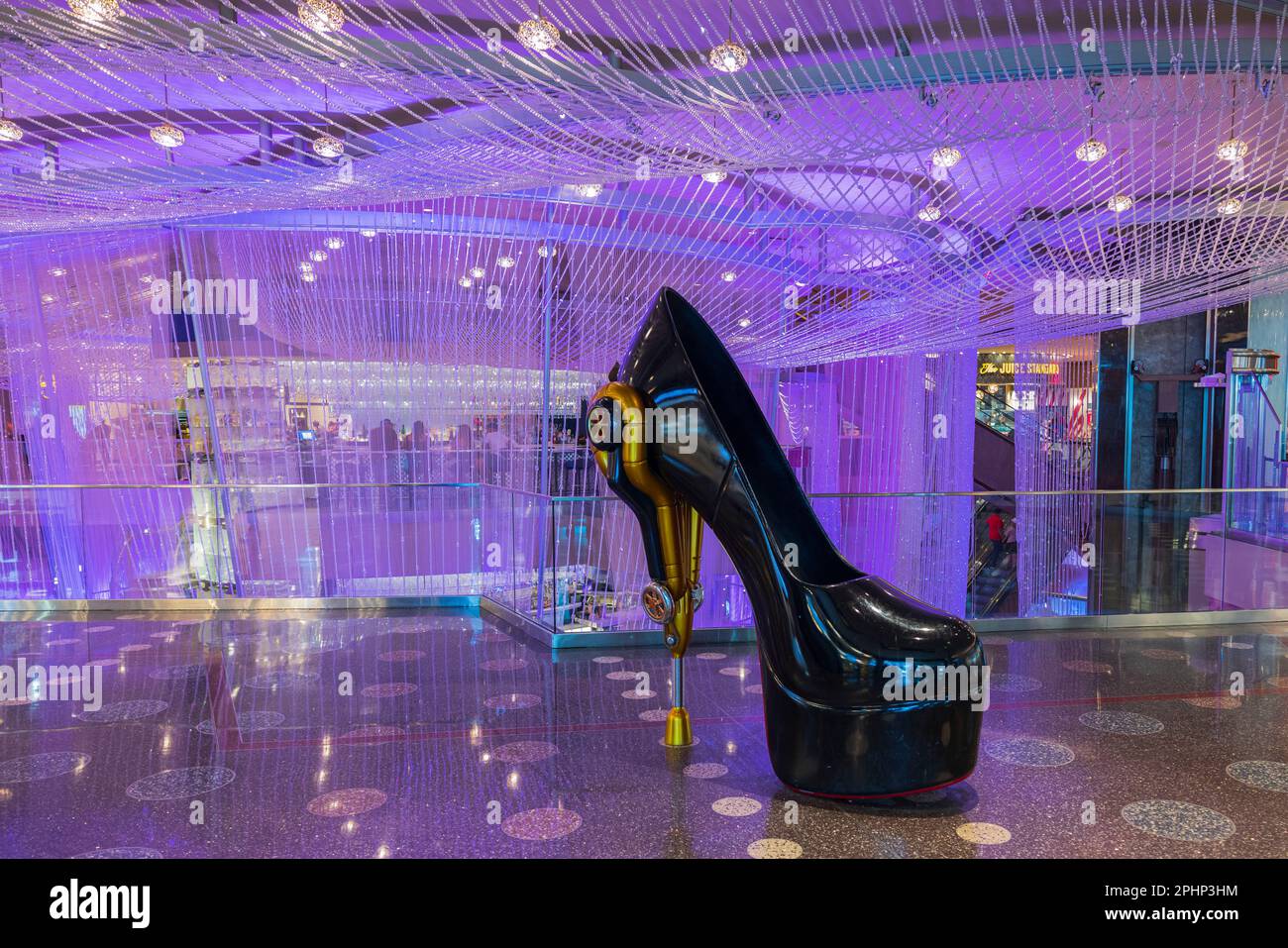 interior view of Cosmopolitan. Giant black high heel shoe as