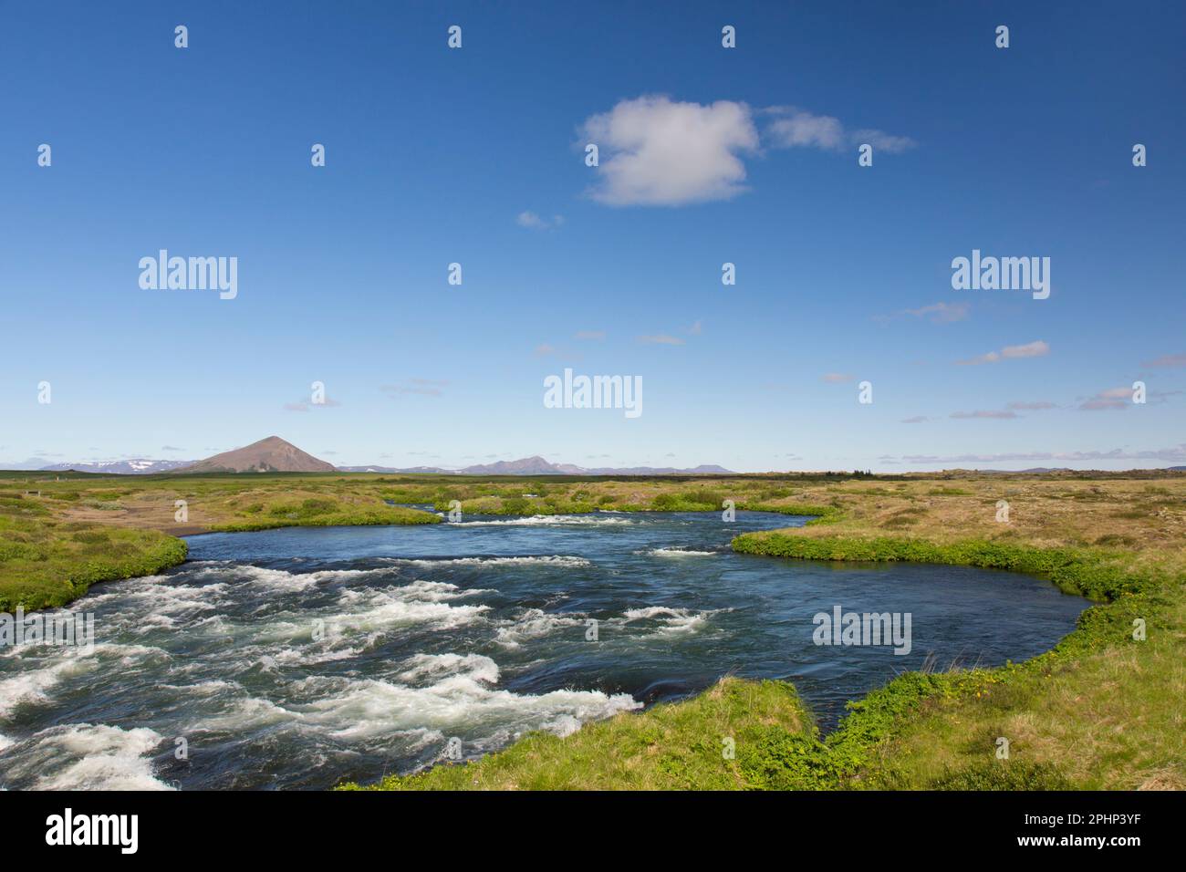The effluent river Laxá in summer, one of the best brown trout rivers in the world, flowing out of Lake Mývatn in the north of Iceland Stock Photo