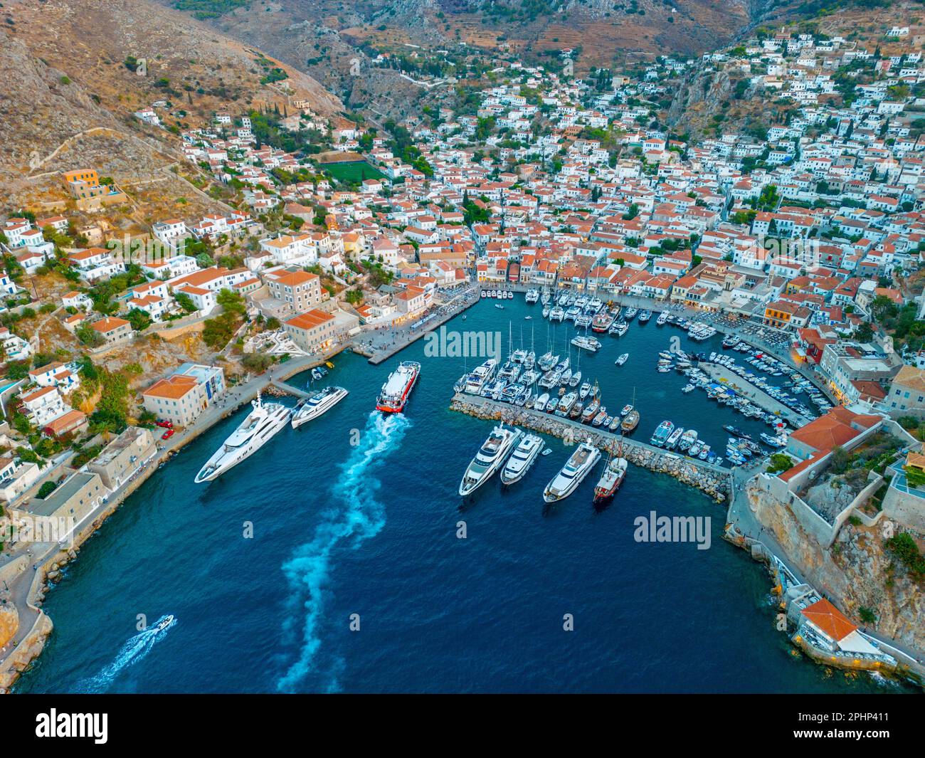 Sunset view of port of Hydra in Greece Stock Photo Alamy