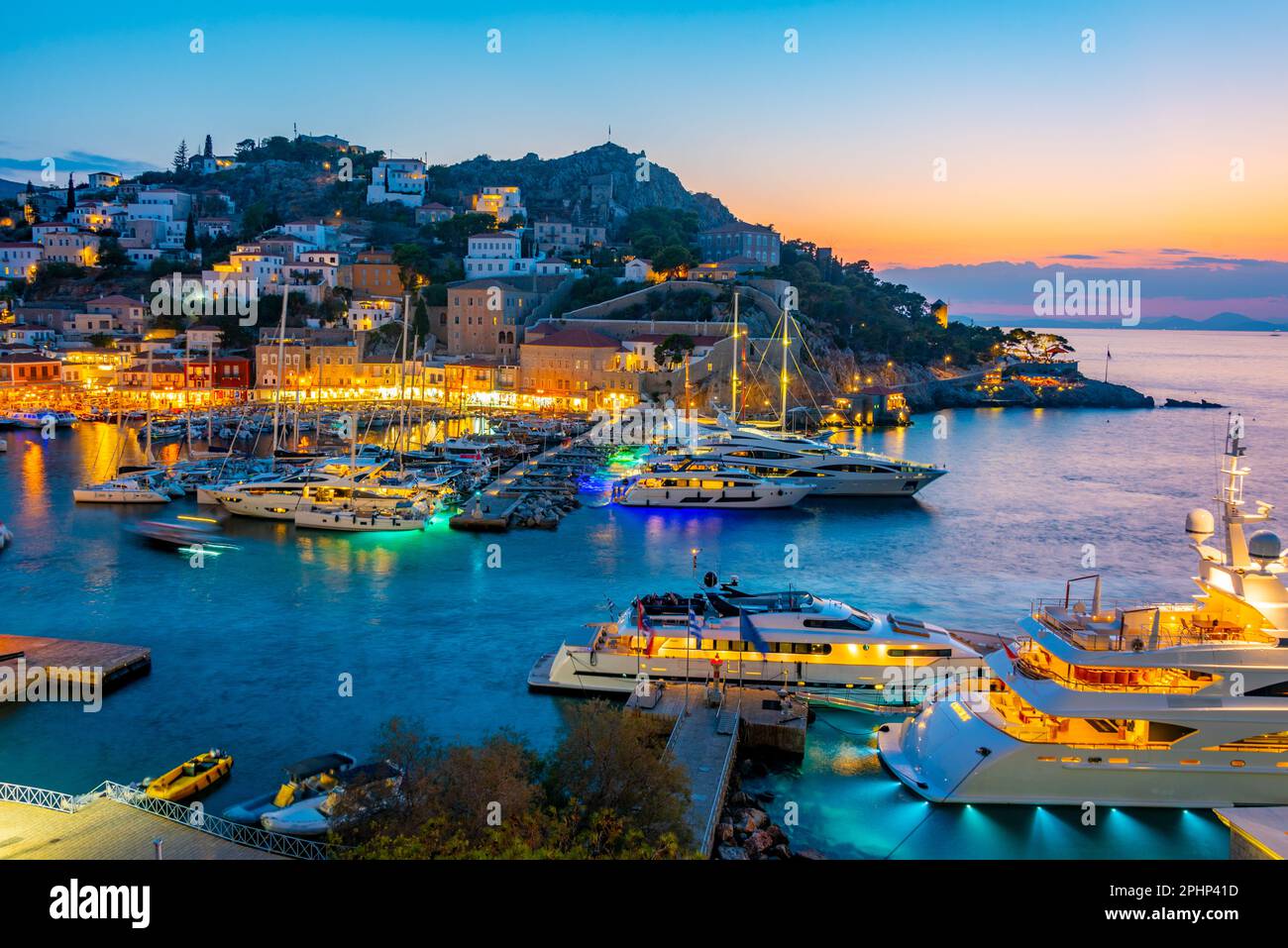 Night view of port of Hydra in Greece Stock Photo Alamy