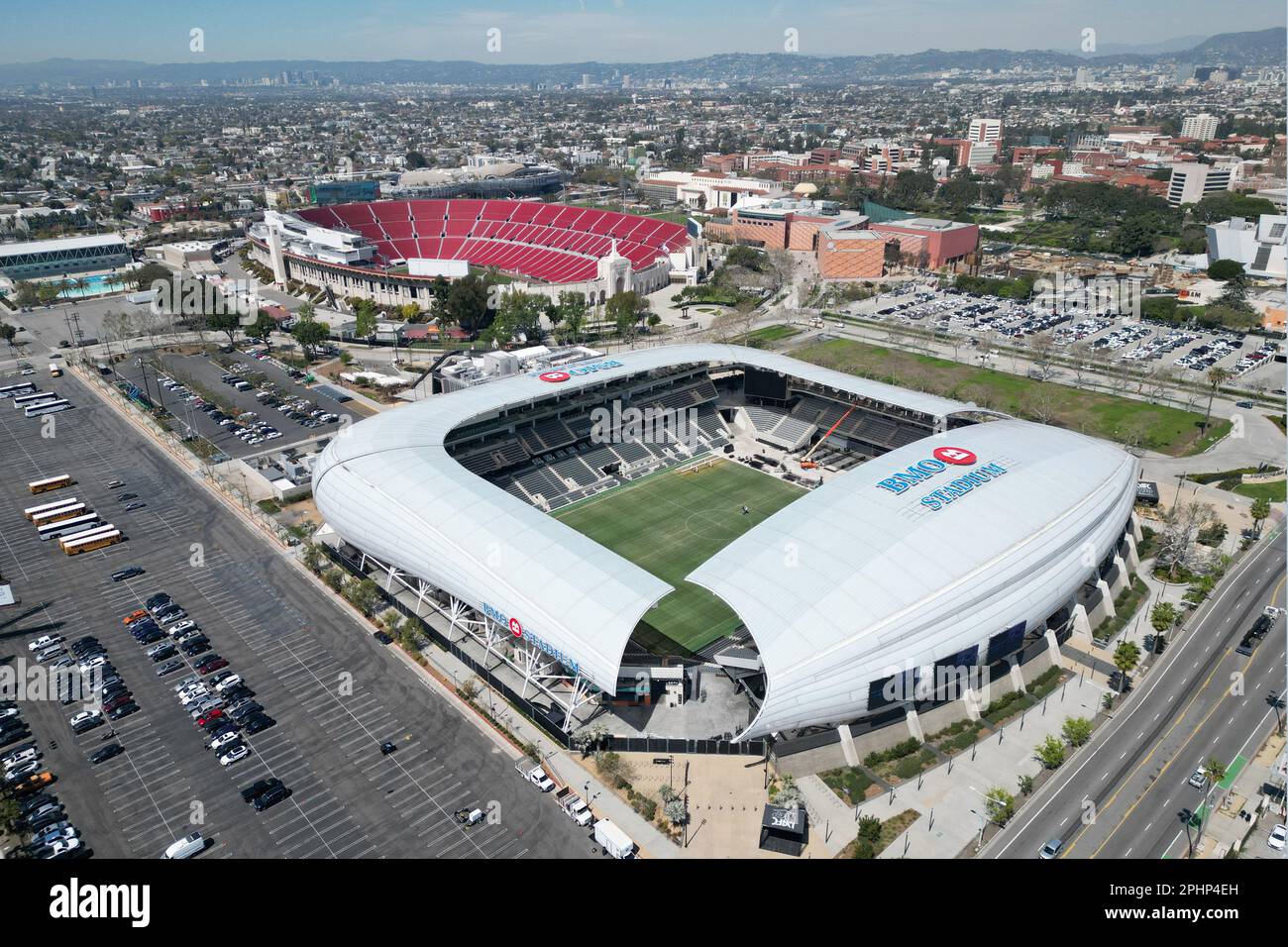A general overall aerial view of BMO Stadium (foreground) and the Los