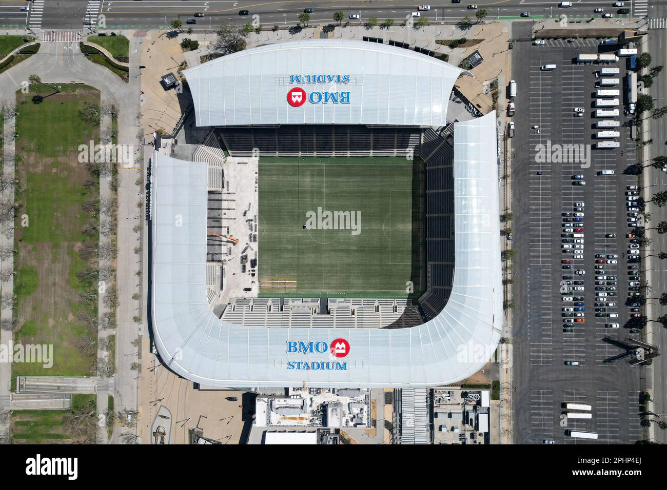 A general overall aerial view of BMO Stadium, Tuesday, Mar. 28, 2023