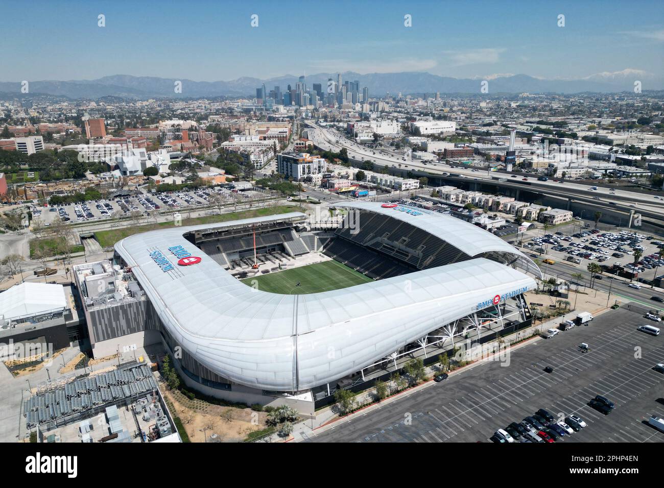 A general overall aerial view of BMO Stadium, Tuesday, Mar. 28, 2023, in Los Angeles. (Photo by