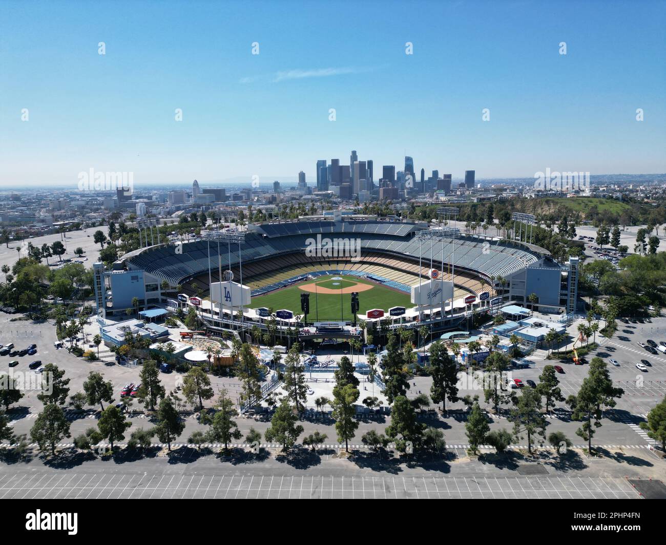 A general overall aerial view of Dodger Stadium and downtown skyline ...