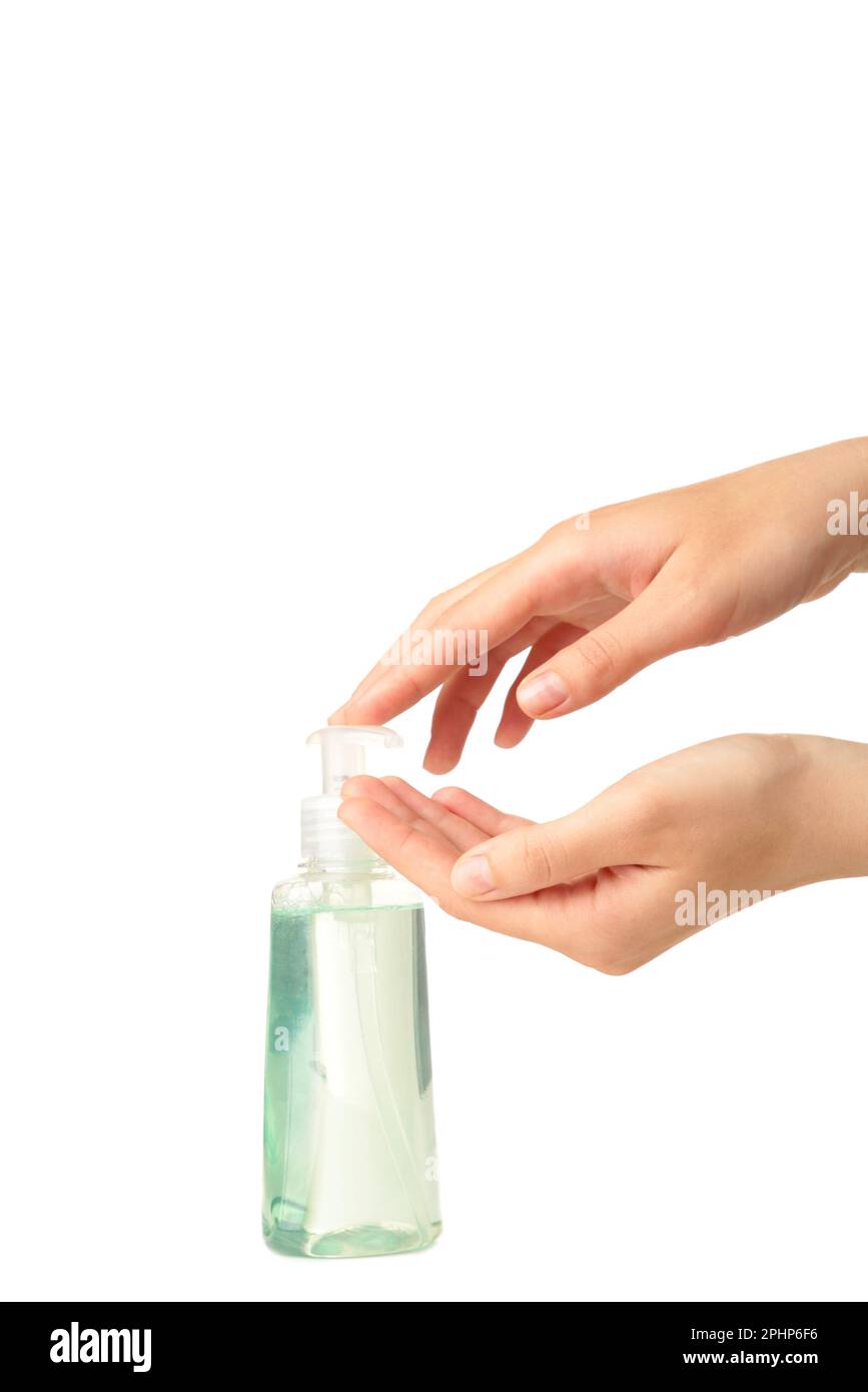 Hand applying alcohol gel sanitazer liquid cleaning hands for prevent ...