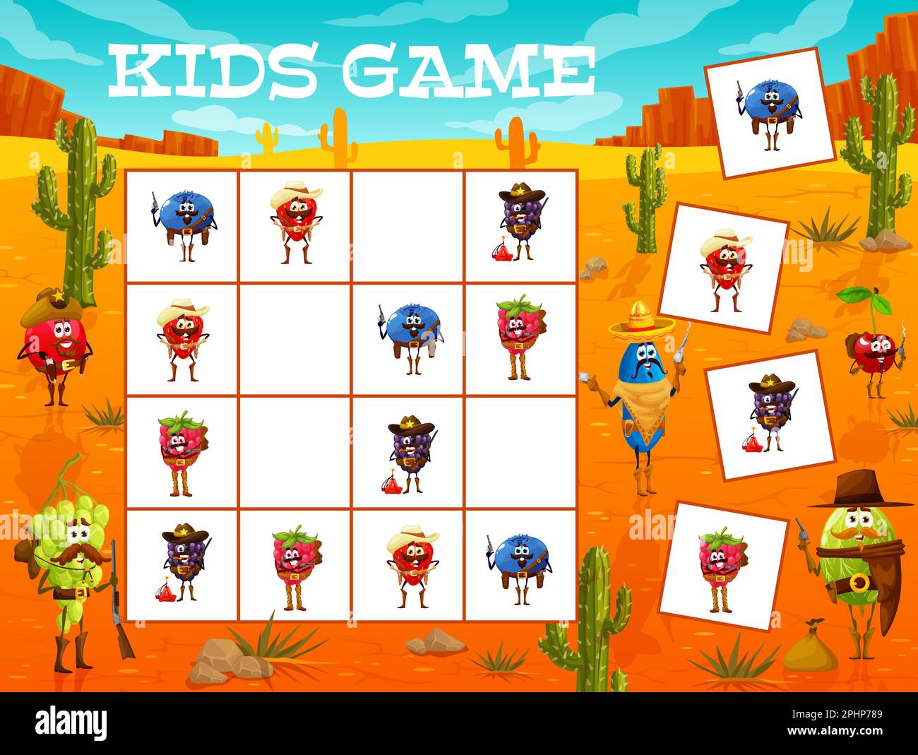 Sudoku kids game Wild west ranger, cowboy and bandit berry characters ...