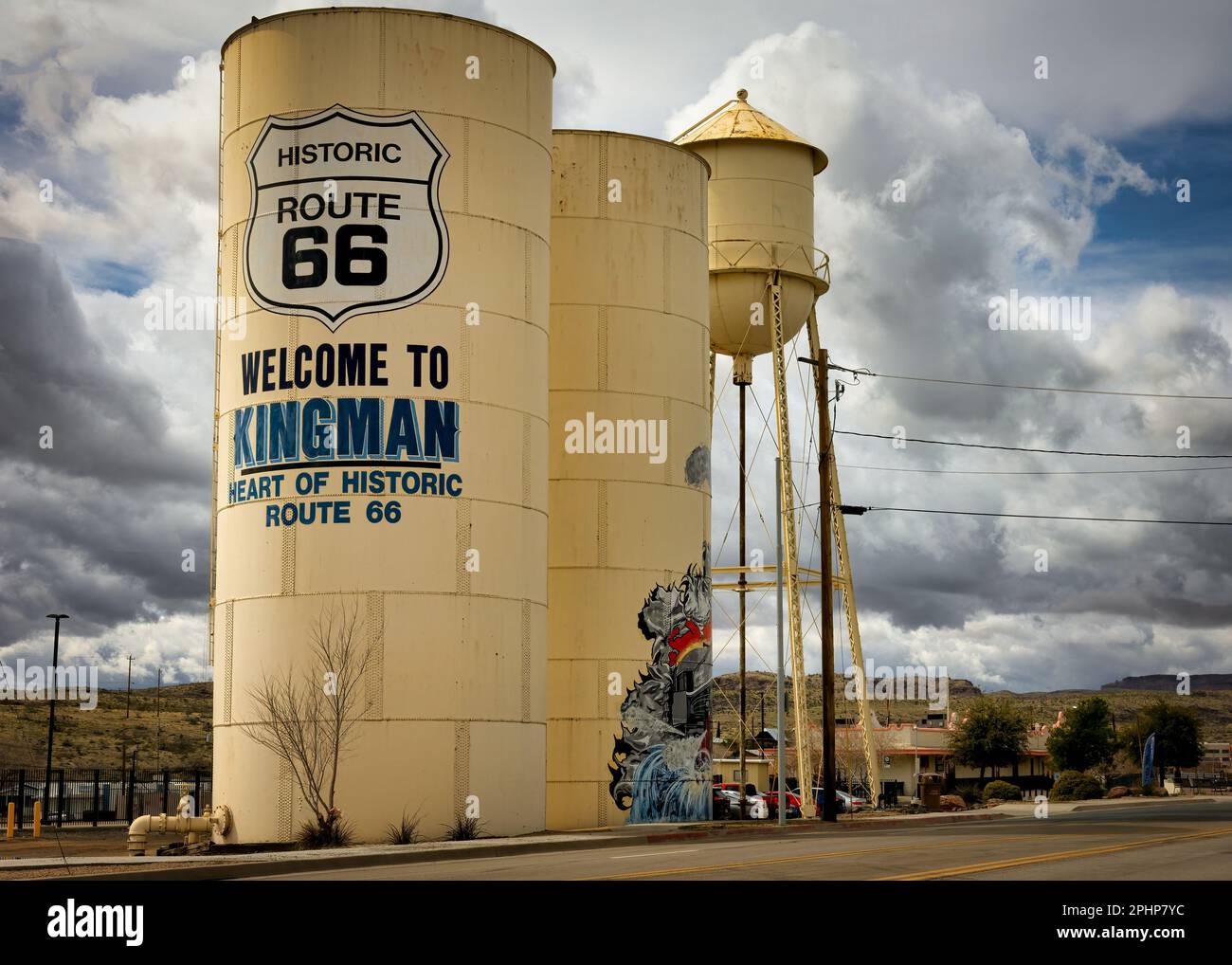 Storm clouds behind a water tank that visitors on historic