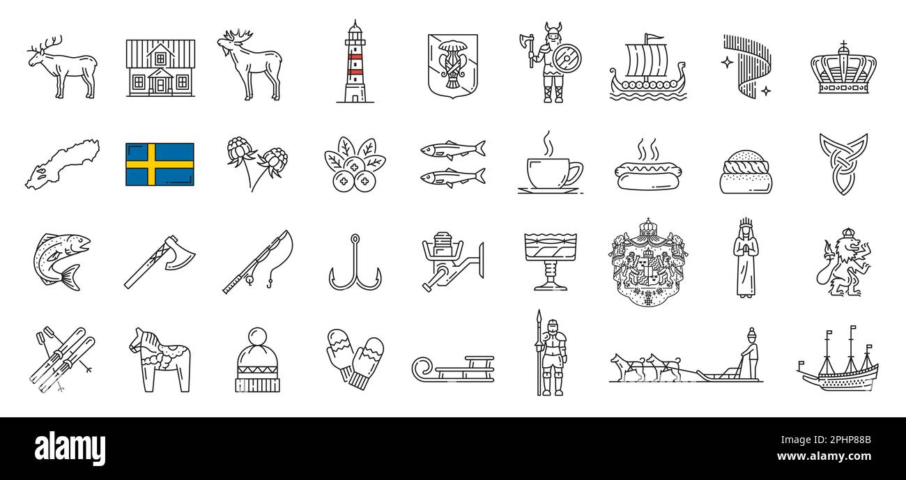 Sweden line, lineart, outline icons. Swedish history, food and landmarks symbols, European country travel pictograms, nature signs. Moose and deer, co Stock Vector