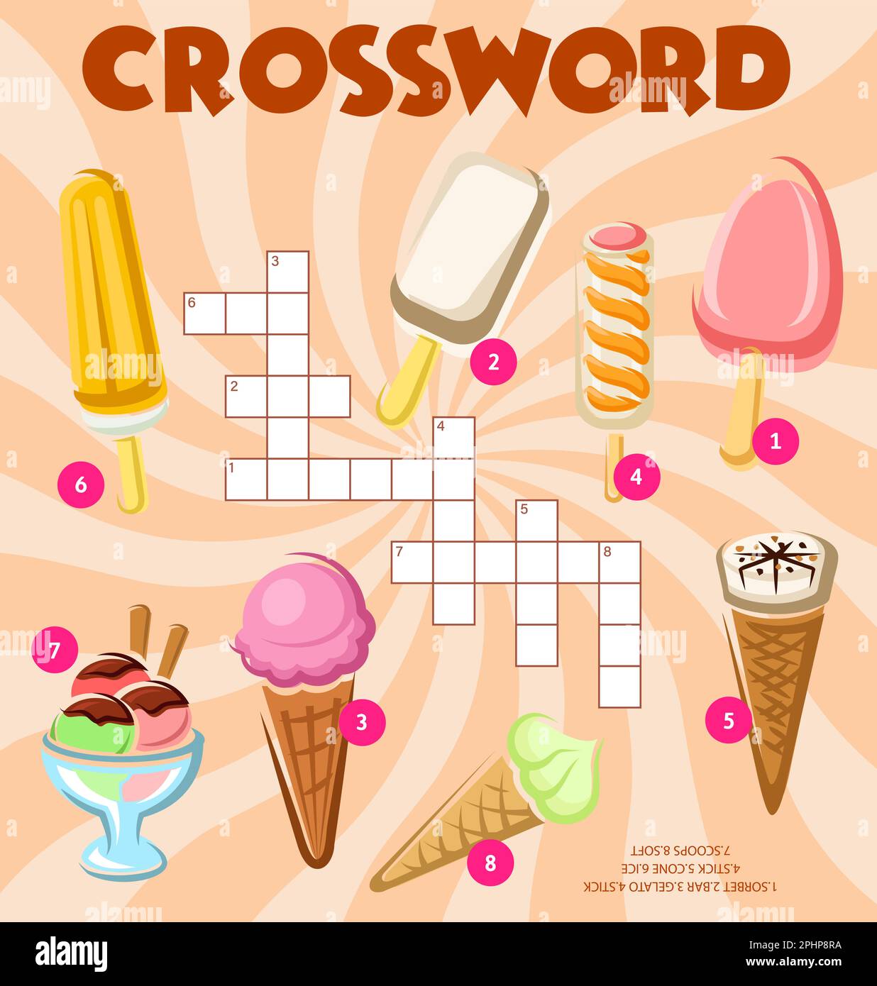Ice cream desserts, crossword puzzle worksheet, vector word quiz