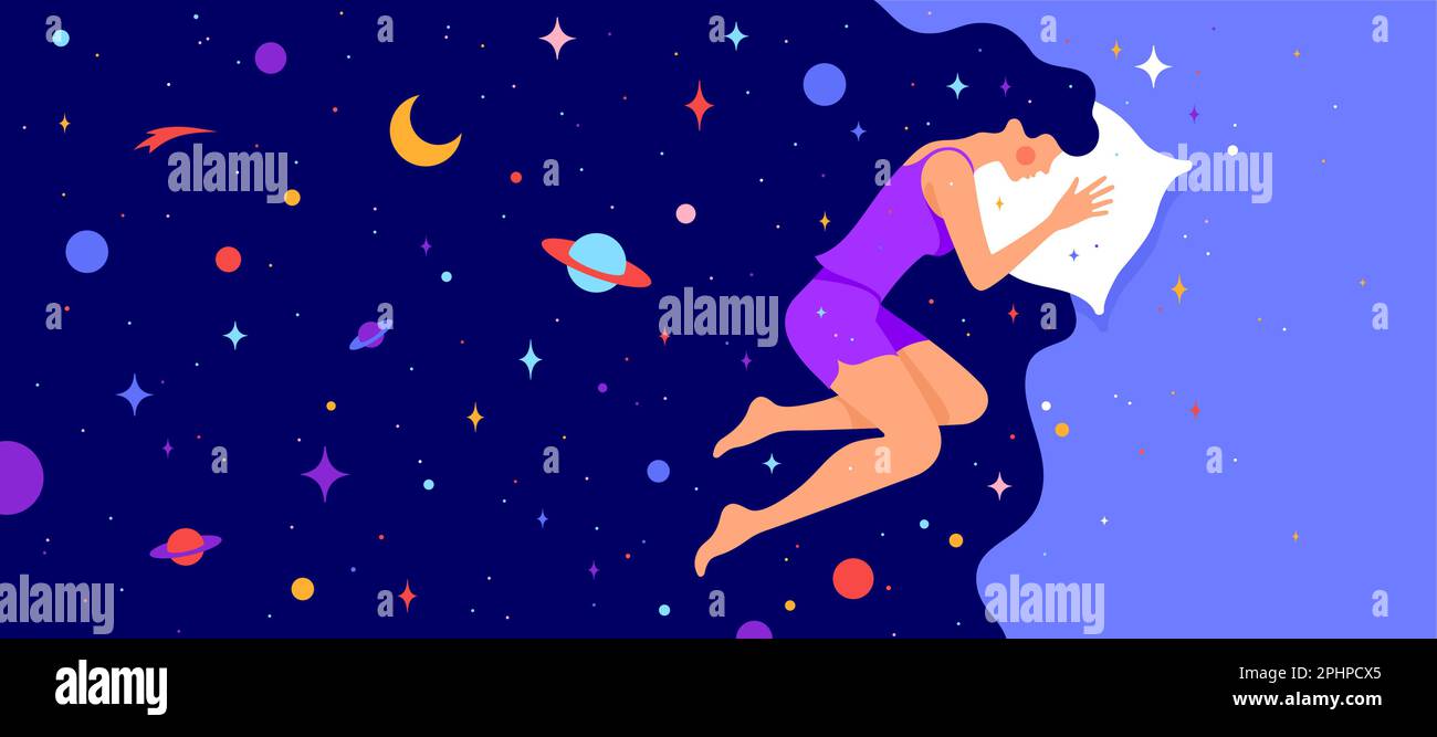 Woman with dream universe. Simple character of woman sleeping in bed ...