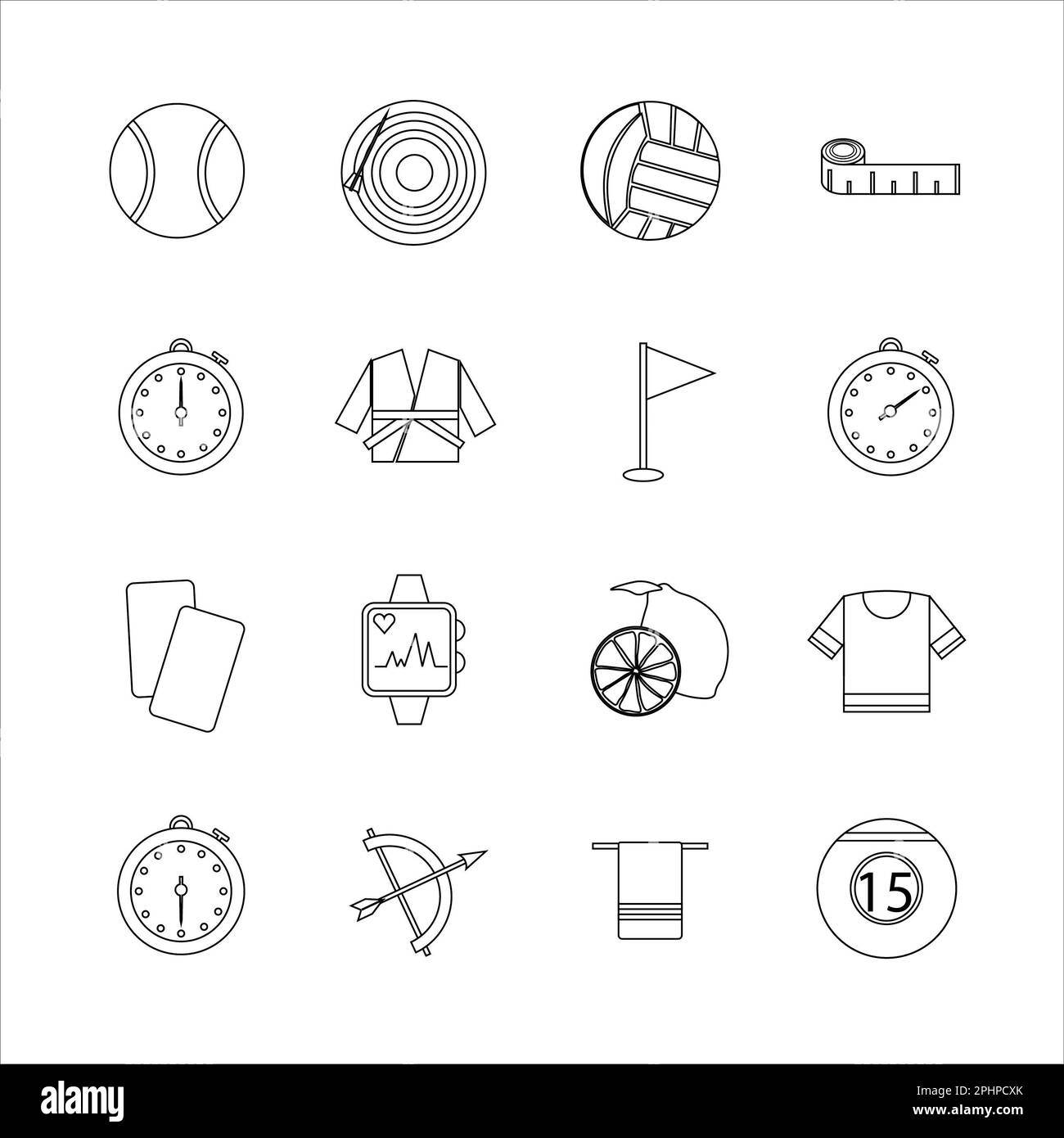 Collection of icons with different sports and healthy eating in outline design Stock Photo