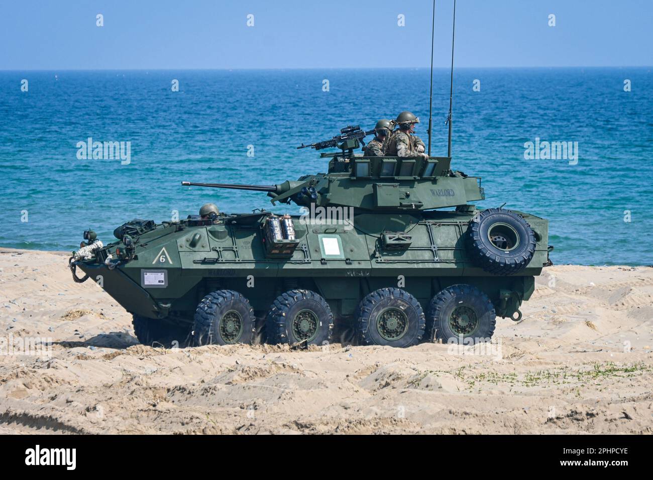 Pohang, South Korea. 29th Mar, 2023. A U.S. amphibious assault vehicle storms the beach in a landing drill in Pohang, South Korea on March 29, 2023. The United States and South Korea are holding the Ssangyong amphibious assault exercise for the first time in five years amid a growing threat from North Korea. Photo by Thomas Maresca/UPI Credit: UPI/Alamy Live News Stock Photo