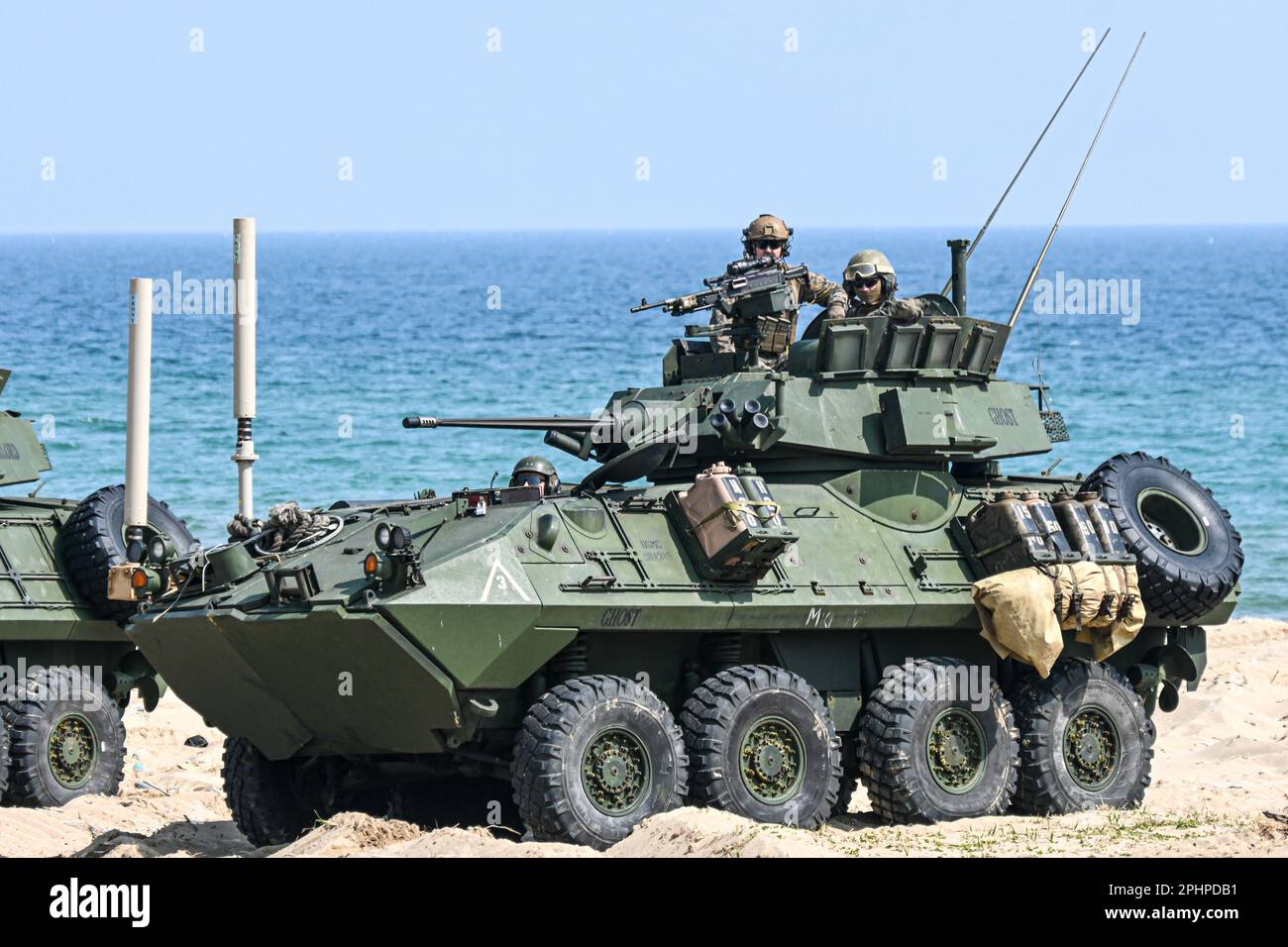 Pohang, South Korea. 29th Mar, 2023. A U.S. amphibious assault vehicle storms the beach in a landing drill in Pohang, South Korea on March 29, 2023. The United States and South Korea are holding the Ssangyong amphibious assault exercise for the first time in five years amid a growing threat from North Korea. Photo by Thomas Maresca/UPI Credit: UPI/Alamy Live News Stock Photo