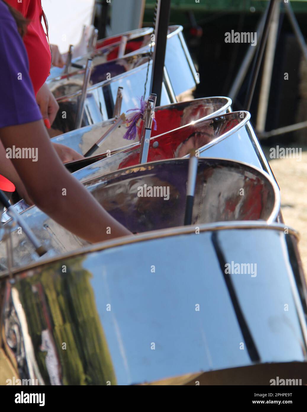 The Steel Drums of a Traditional Caribbean Band. Stock Photo