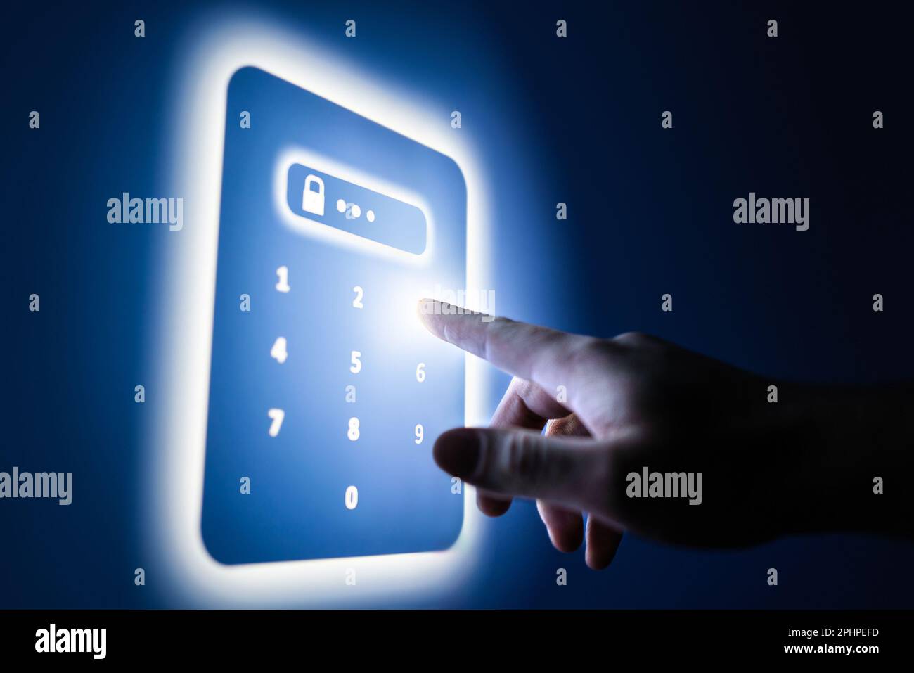 Password number in abstract lock screen. Data protection technology in future. Cyber security from online fraud, identity theft or digital crime. Stock Photo