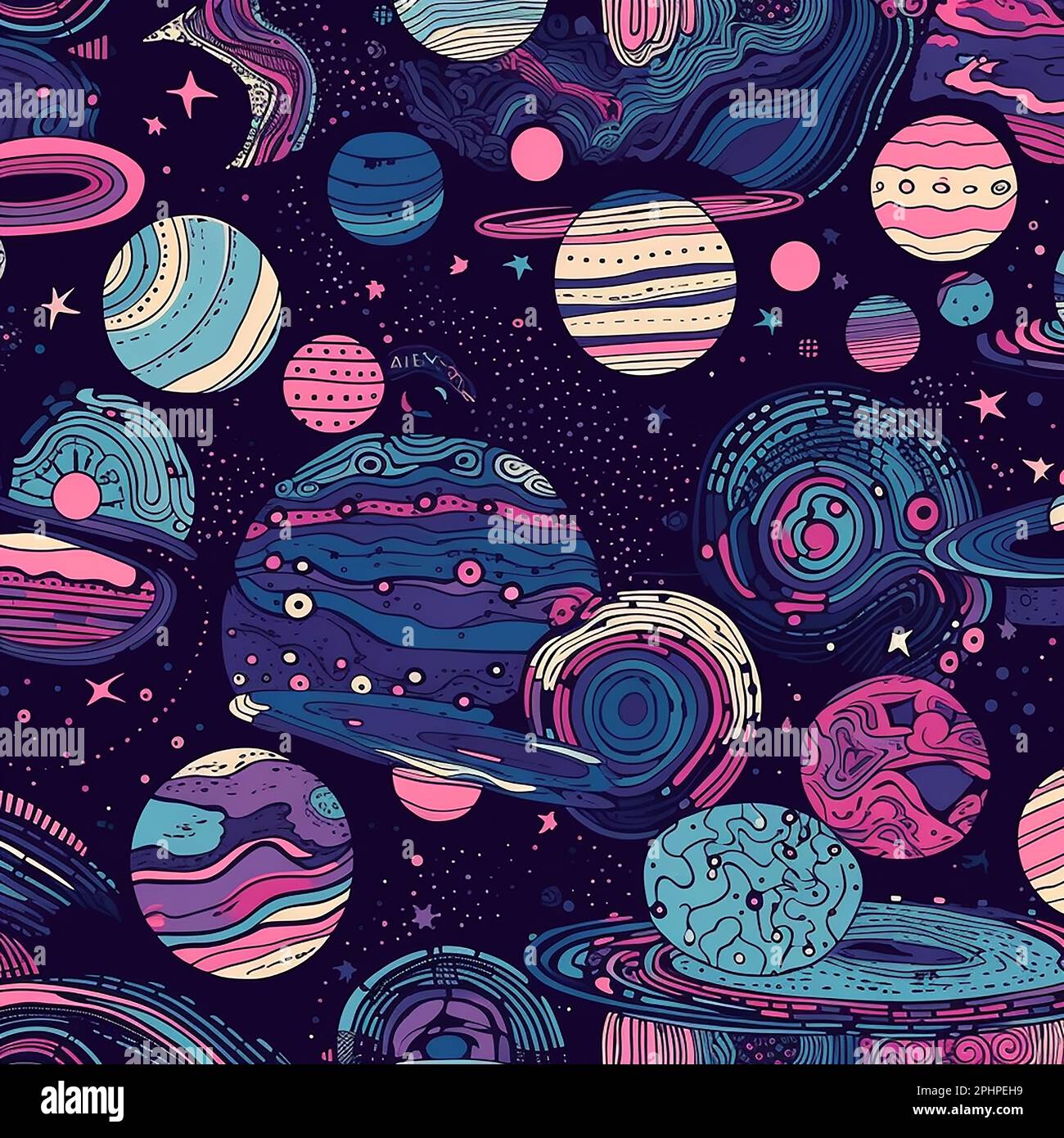 Seamless pattern featuring a vibrant color palette of purple, blue and  pink, with stars, moons, planets and clouds depicting a cosmic galaxy Stock  Photo - Alamy