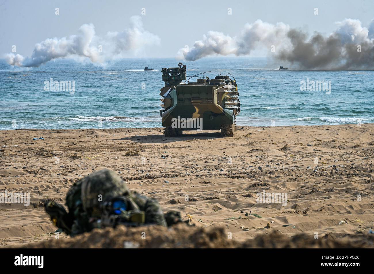 Pohang, South Korea. 29th Mar, 2023. A South Korean amphibious assault vehicle (KAAV) storms the beach in a landing drill in Pohang, South Korea on March 29, 2023. The United States and South Korea are holding the Ssangyong amphibious assault exercise for the first time in five years amid a growing threat from North Korea. Photo by Thomas Maresca/UPI Credit: UPI/Alamy Live News Stock Photo