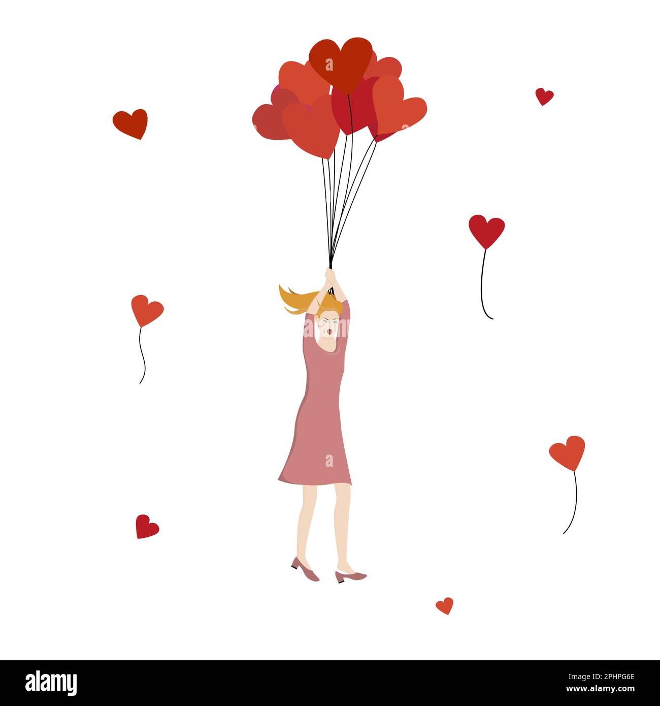 Girl holding the string of bunch of flying red heart balloons. Scared woman flying high with baloons. Stock Vector