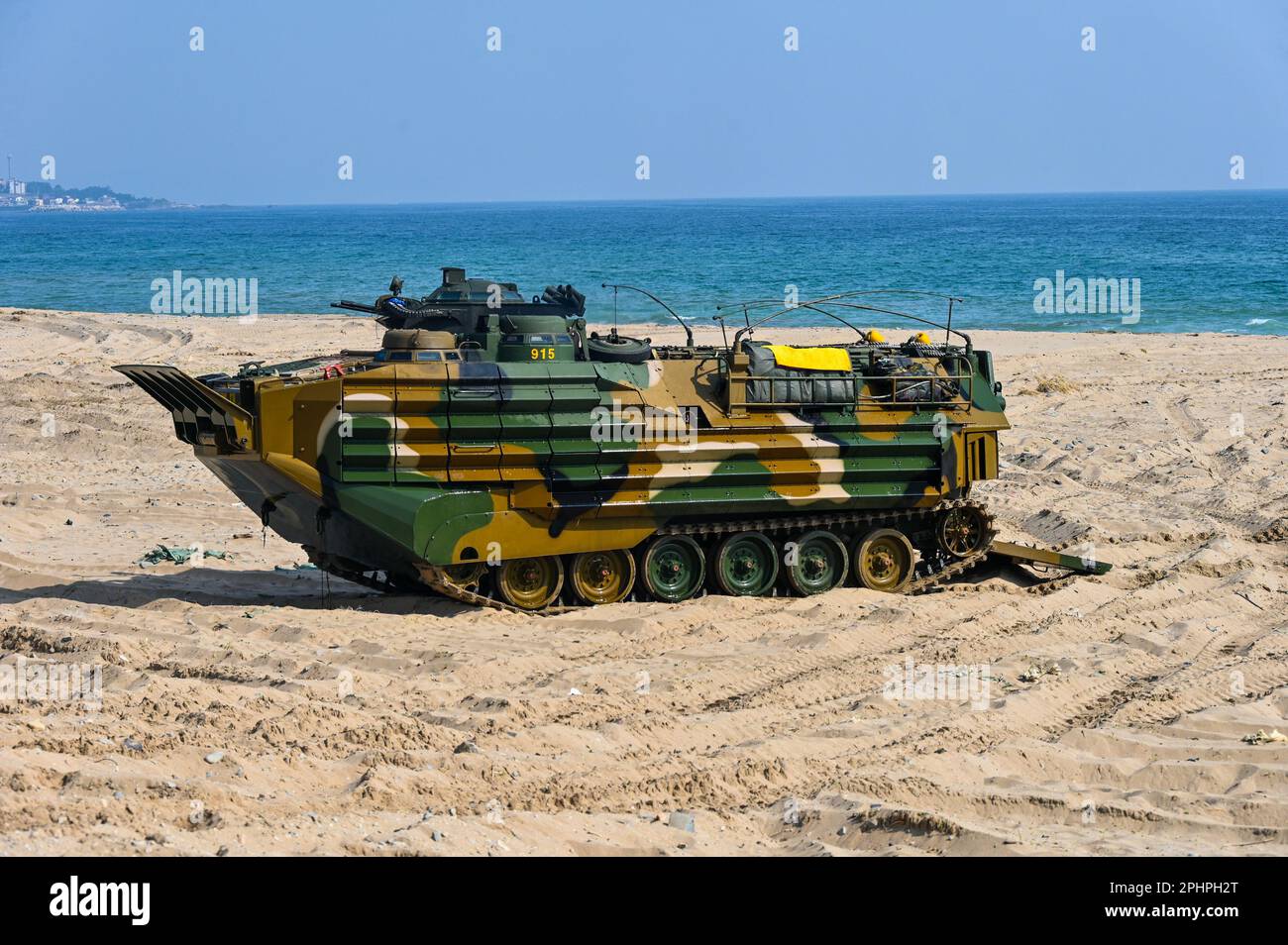 Pohang, South Korea. 29th Mar, 2023. A South Korean amphibious assault vehicle (KAAV) storms the beach in a landing drill in Pohang, South Korea on March 29, 2023. The United States and South Korea are holding the Ssangyong amphibious assault exercise for the first time in five years amid a growing threat from North Korea. Photo by Thomas Maresca/UPI Credit: UPI/Alamy Live News Stock Photo