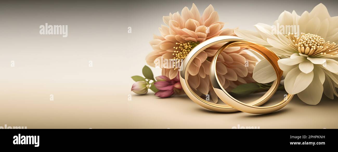 Wedding background. Gold wedding rings lying between white, cream