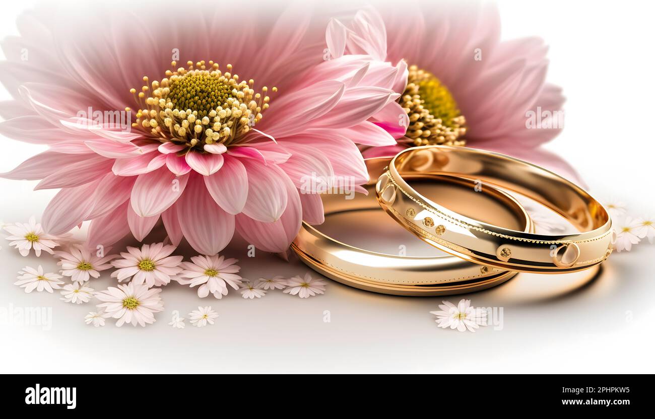 Wedding background. Gold wedding rings lying between pink flowers Stock