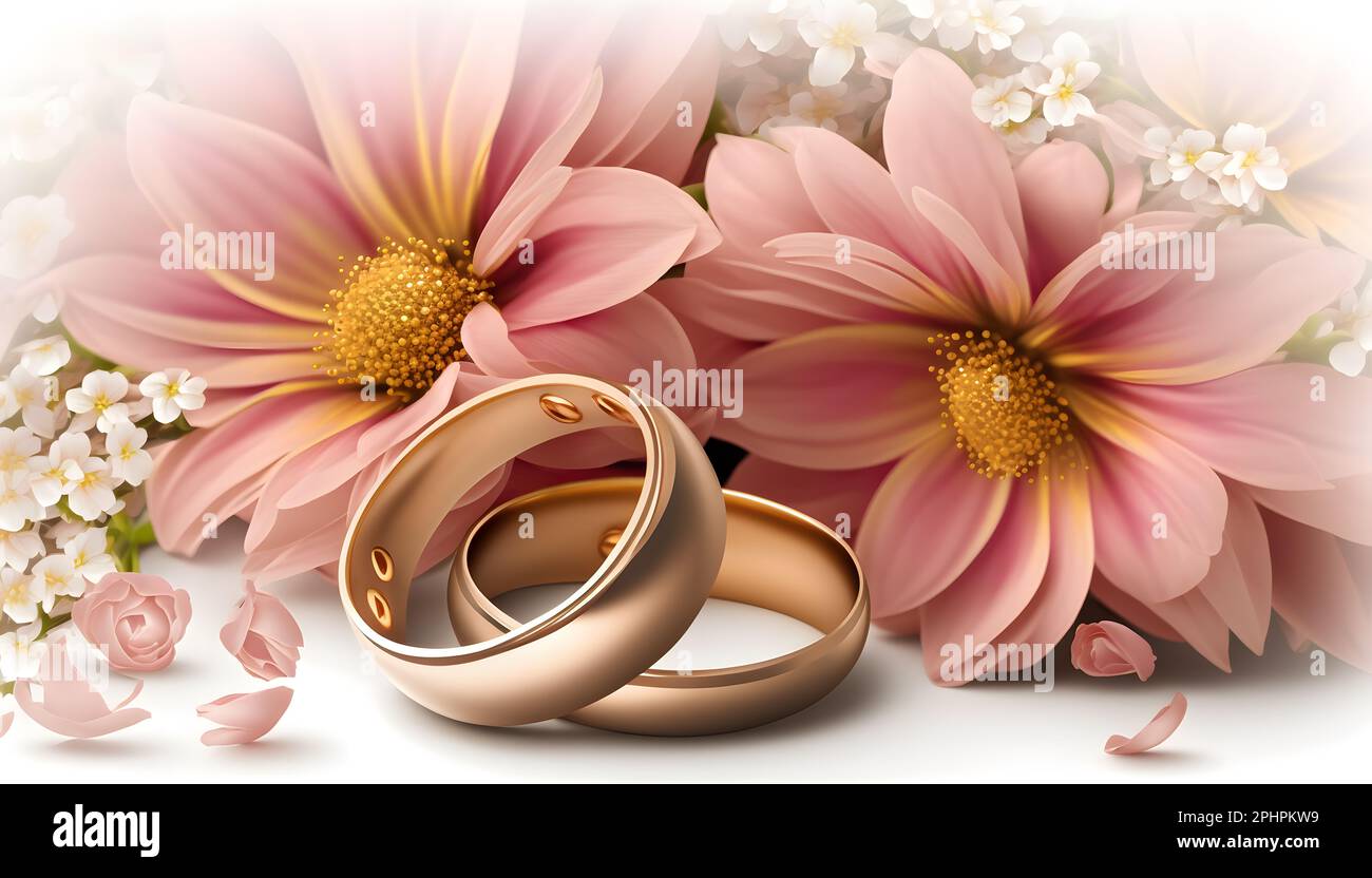 Wedding background. Gold wedding rings lying between pink flowers Stock